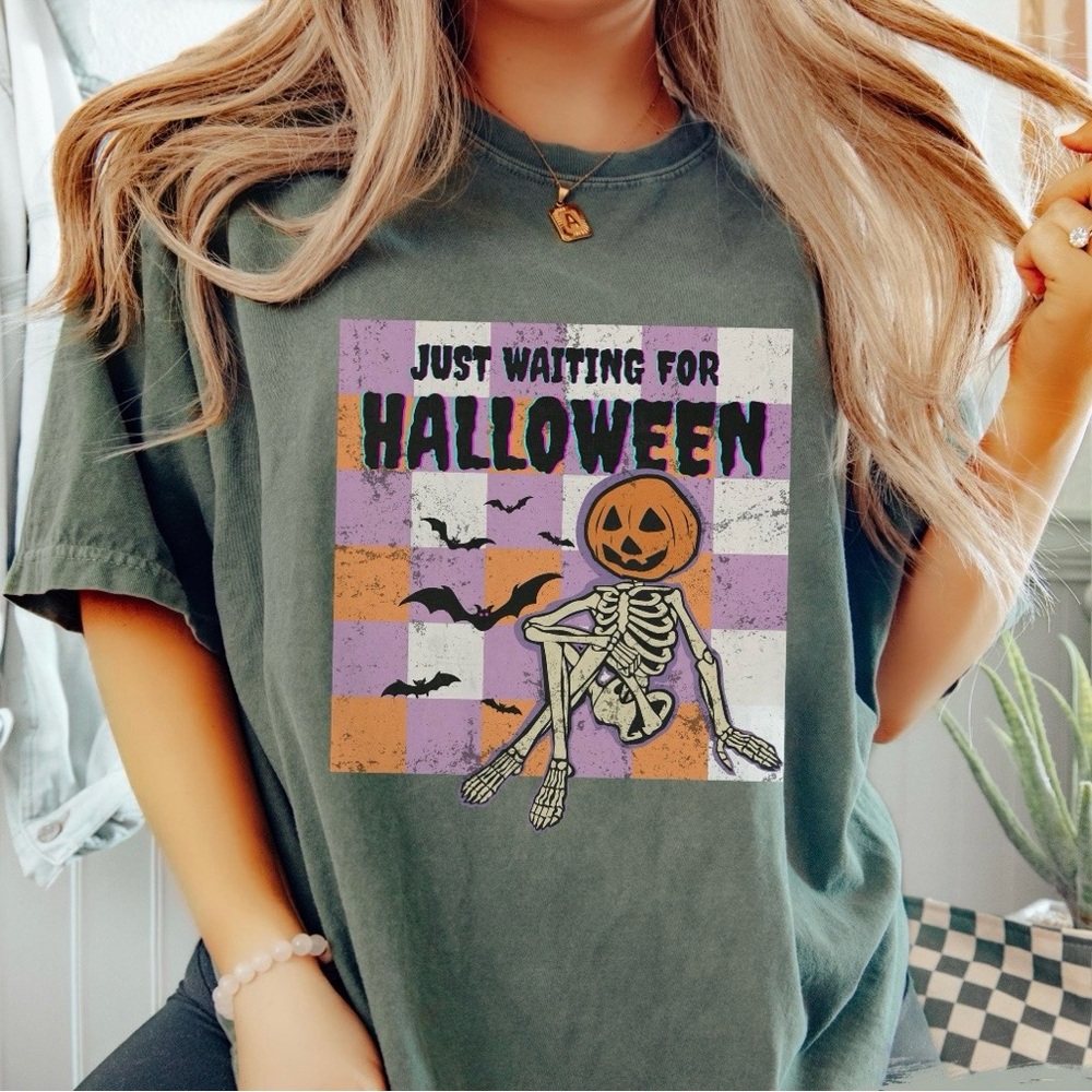 NEW Just Waiting for Halloween Retro  Graphic Comfort Colors Tee with Skeleton